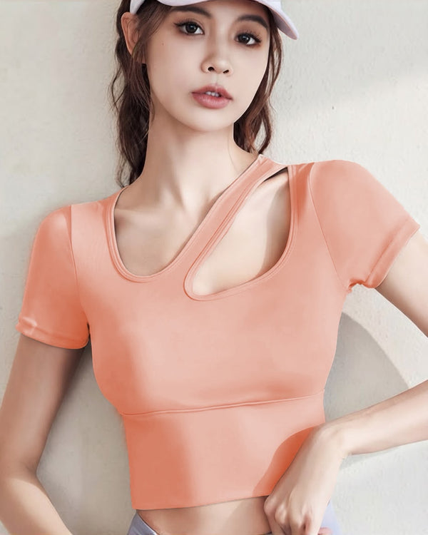 Women's Peach One Shoulder Hollow Out Yoga Top