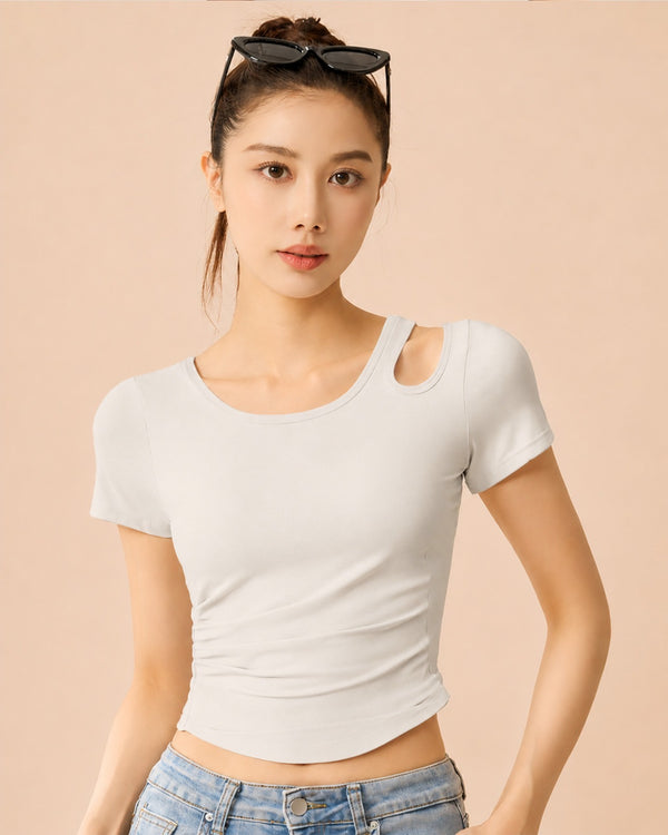 Women's Beige Shoulder Cut-Out Yoga Top