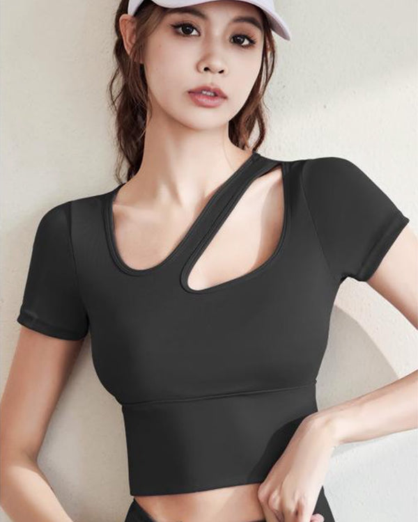 Women's Black One Shoulder Hollow Out Yoga Top