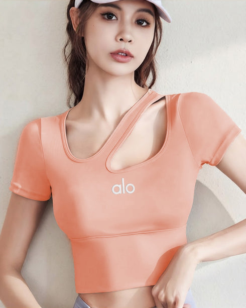 Women's Peach One Shoulder Hollow Out Yoga Top