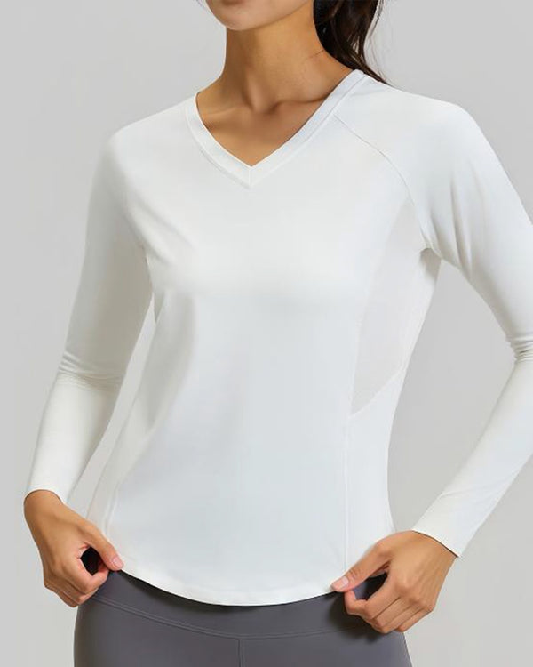Women's White Long Sleeve V-Neck Yoga Top