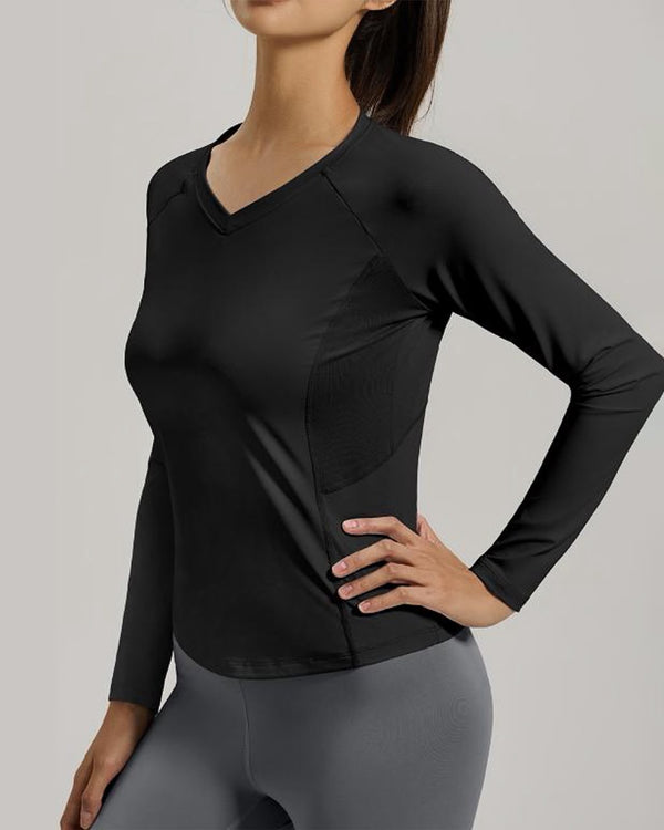 Women'sBlack Long Sleeve V-Neck Yoga Top