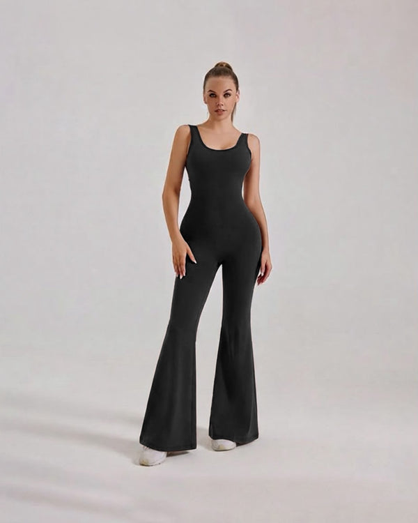 Women's Black Ribbed Flare Yoga Jumpsuit