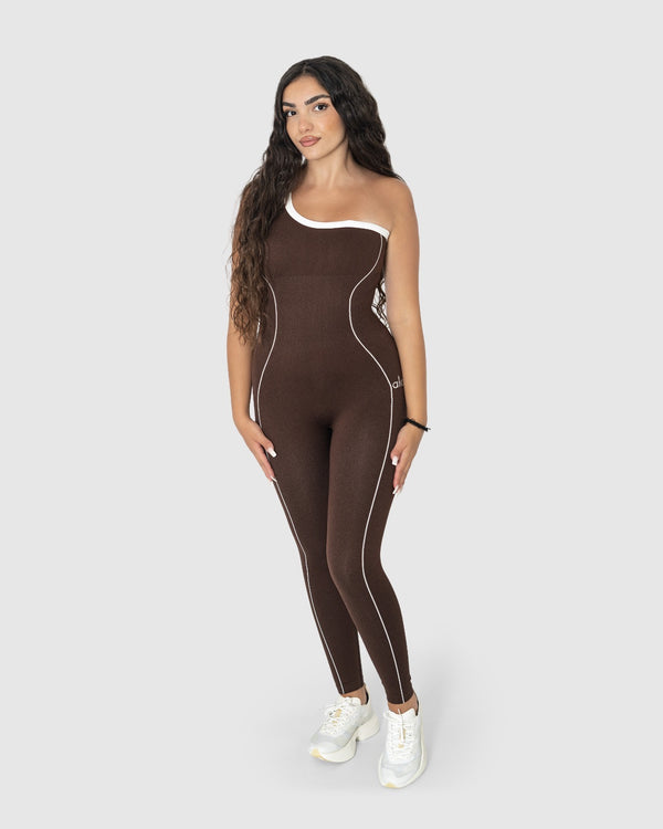 Brown One-Shoulder Seamless Jumpsuit with White Contrast Piping