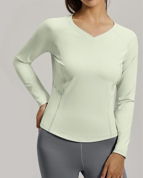 Women's Green Long Sleeve V-Neck Yoga Top