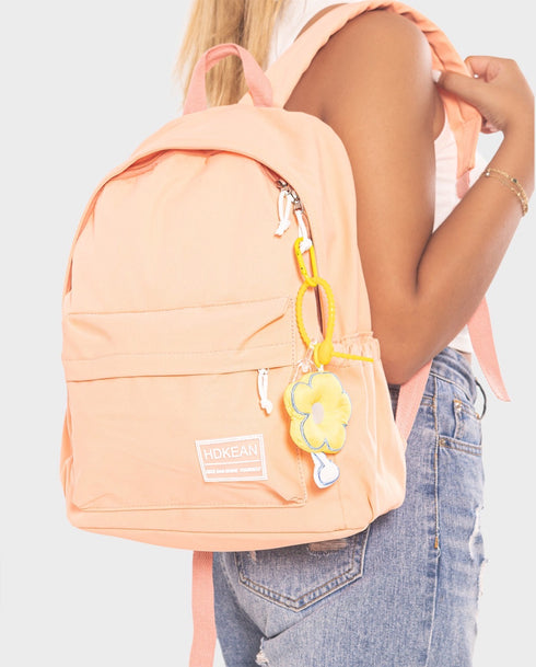 Peach School Backpack With Yellow Flower Keychain