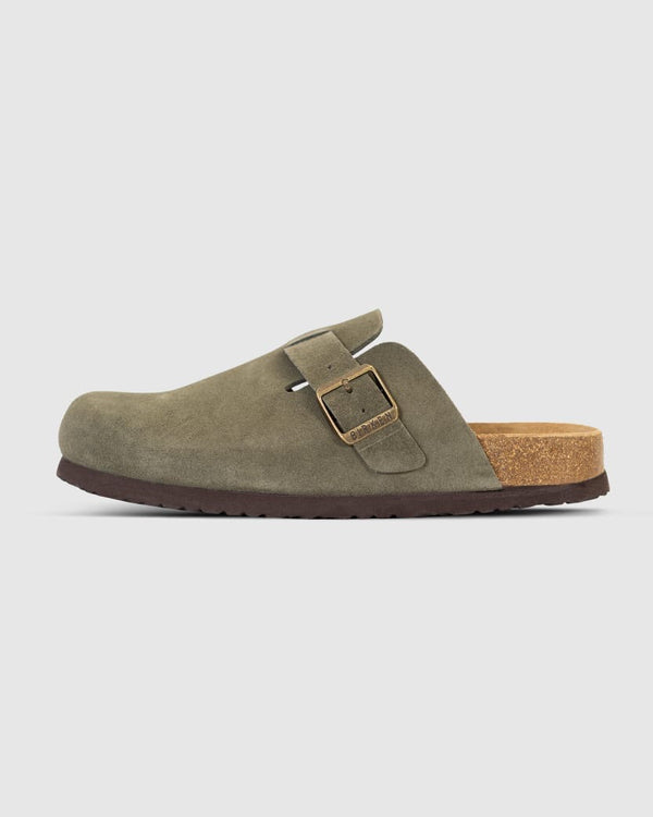 Birken Olive suede clog