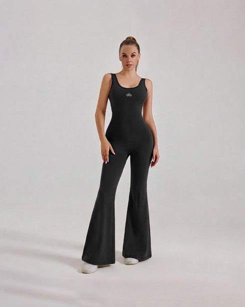 Women's Black Ribbed Flare Yoga Jumpsuit