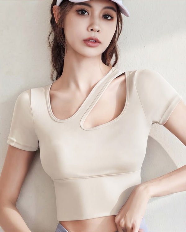 Women's Beige One Shoulder Hollow Out Yoga Top