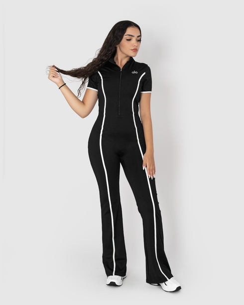 Black Zip-Up Jumpsuit with White Contrast Piping