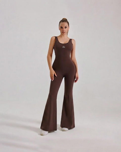 Women's Brown Ribbed Flare Yoga Jumpsuit