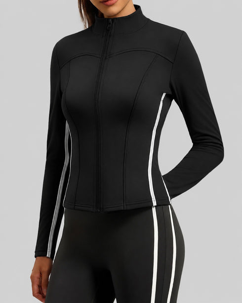 Women's Black Full-Zip Yoga Jacket with Reflective Piping