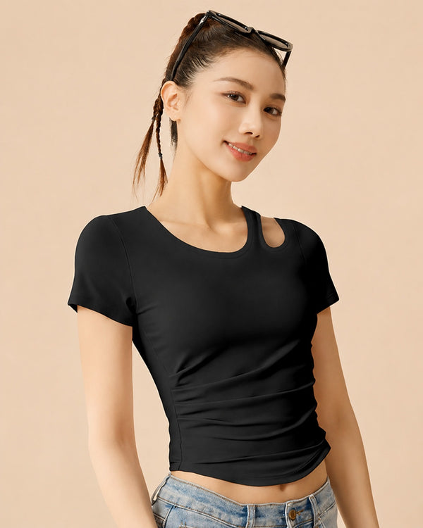 Women's Black Shoulder Cut-Out Yoga Top