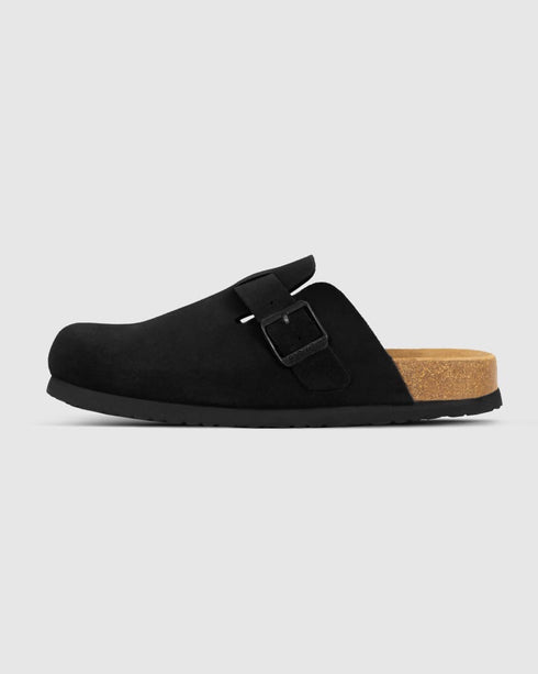 Birken Black suede clog