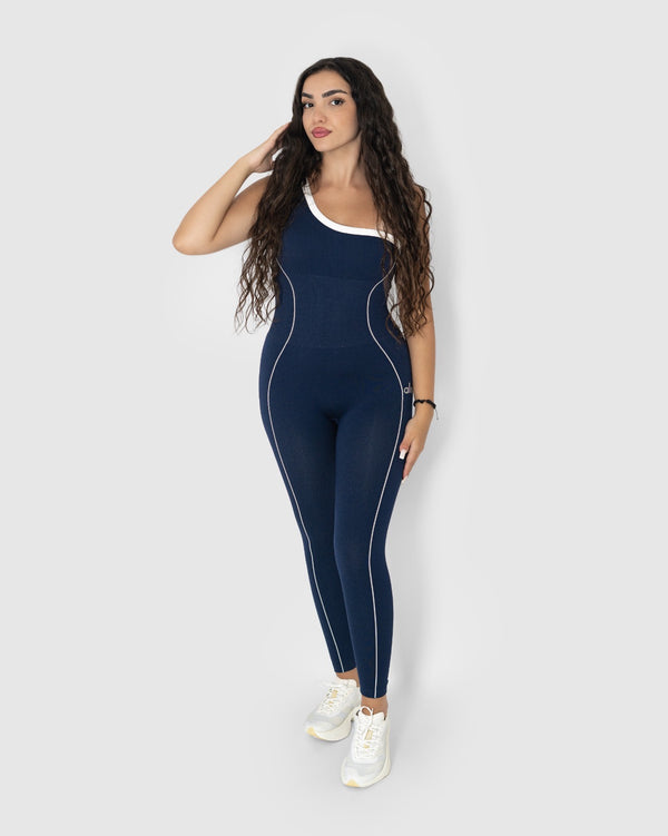Navy One-Shoulder Seamless Jumpsuit with White Contrast Piping