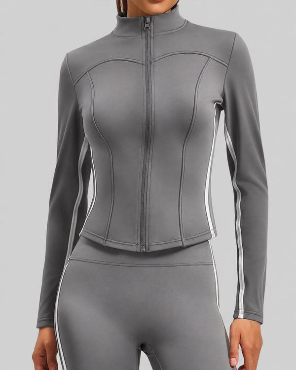 Women's Grey Full-Zip Yoga Jacket with Reflective Piping