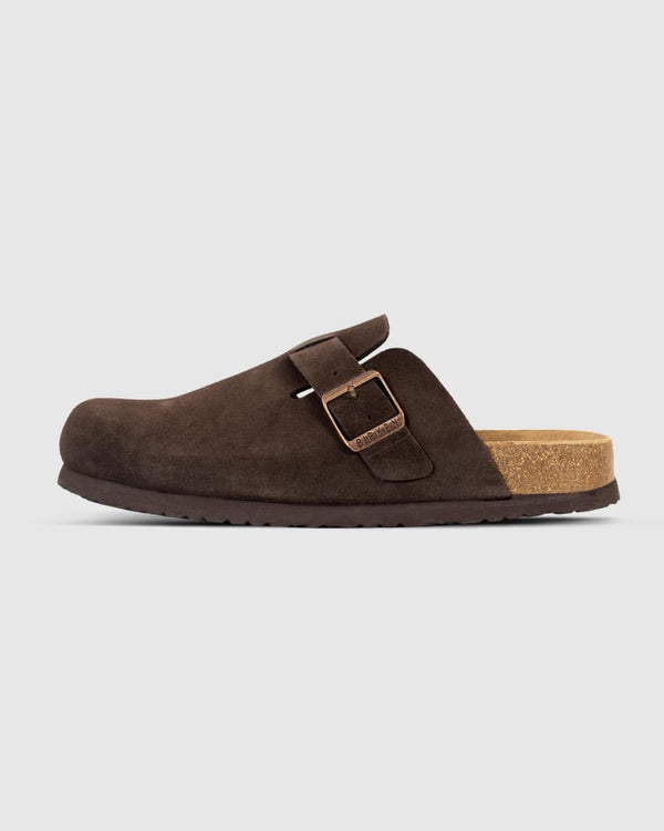 Birken Dark Brown suede clog