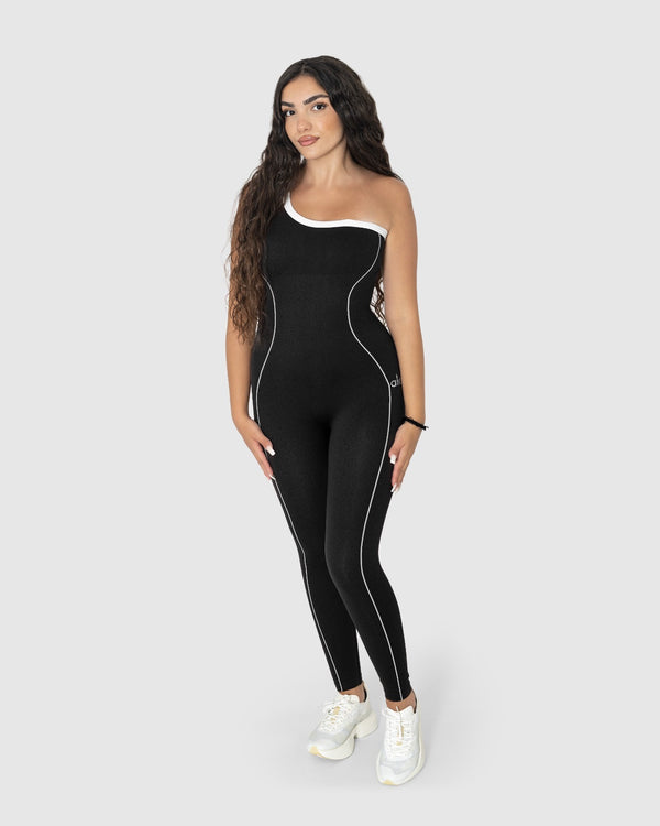 Black One-Shoulder Seamless Jumpsuit with White Contrast Piping