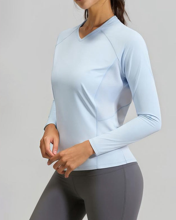 Women's Blue Long Sleeve V-Neck Yoga Top