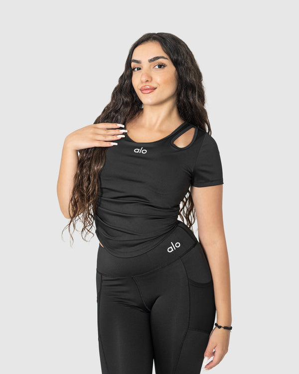 Women's Black Shoulder Cut-Out Yoga Top