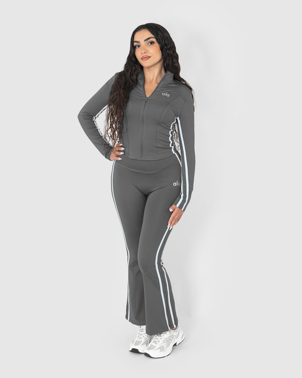 Women's Grey Full-Zip Yoga Jacket with Reflective Piping