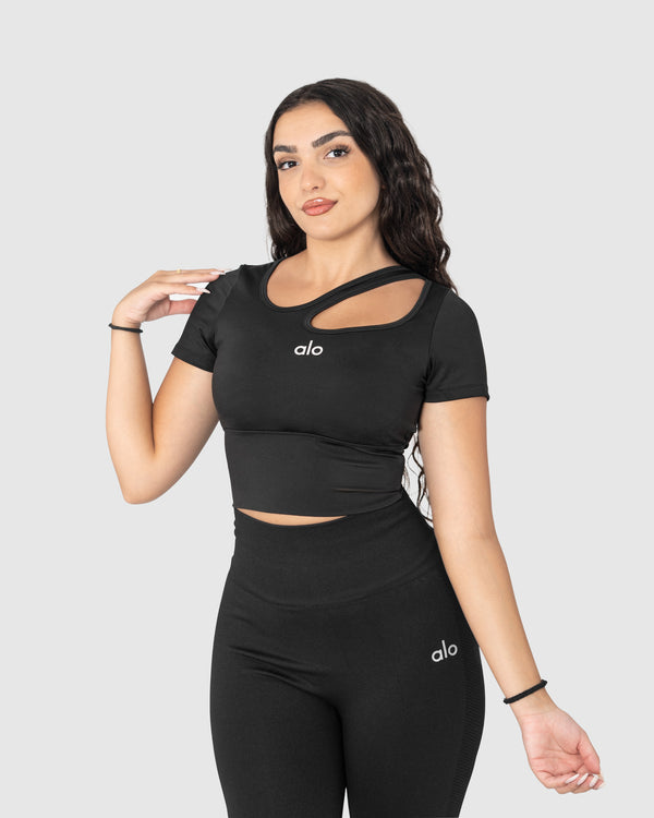 Women's Black One Shoulder Hollow Out Yoga Top