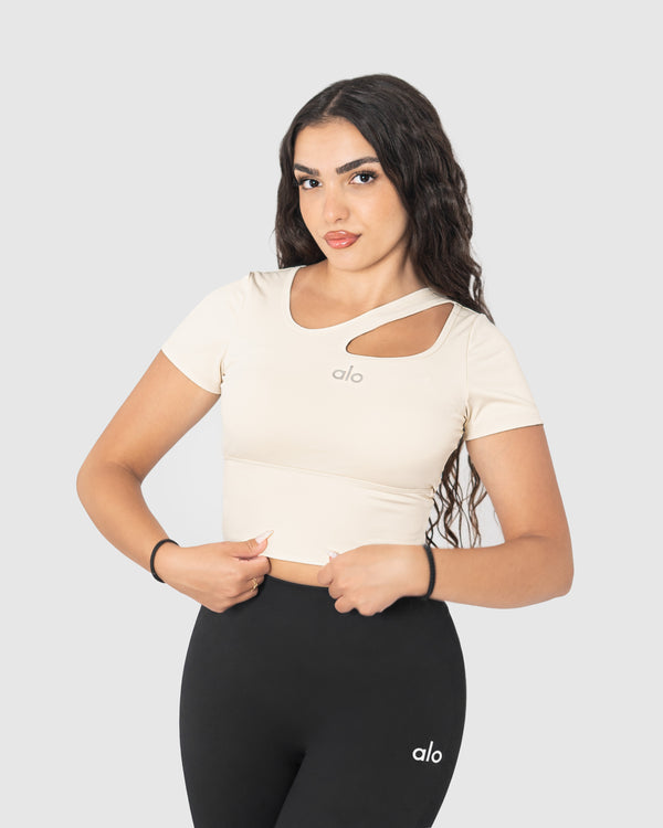 Women's Beige One Shoulder Hollow Out Yoga Top