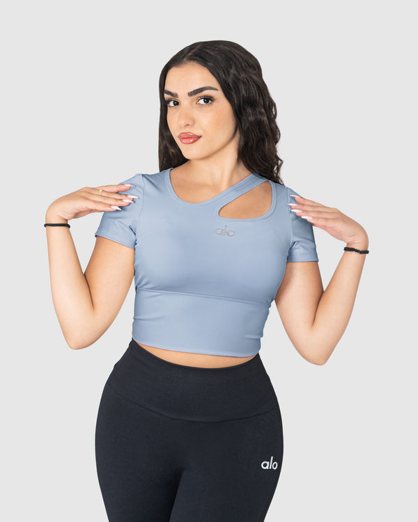 Women's Blue One Shoulder Hollow Out Yoga Top