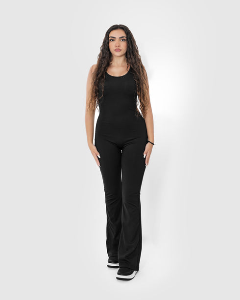 Women's Black Ribbed Flare Yoga Jumpsuit