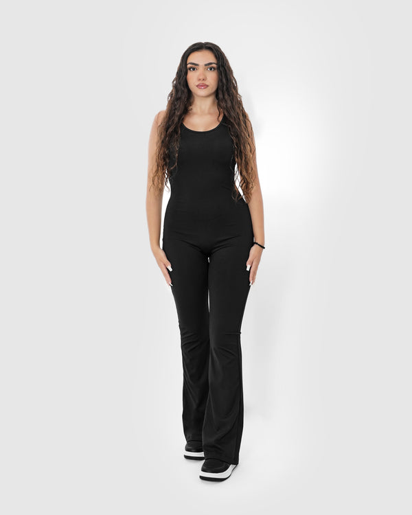 Women's Black Ribbed Flare Yoga Jumpsuit