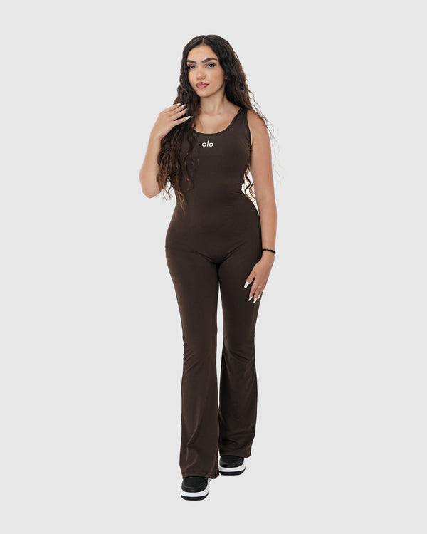 Women's Brown Ribbed Flare Yoga Jumpsuit
