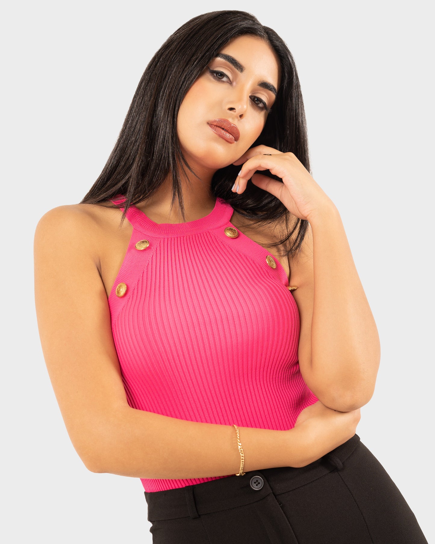 STYLE-Fushia-Buttons Crop Top