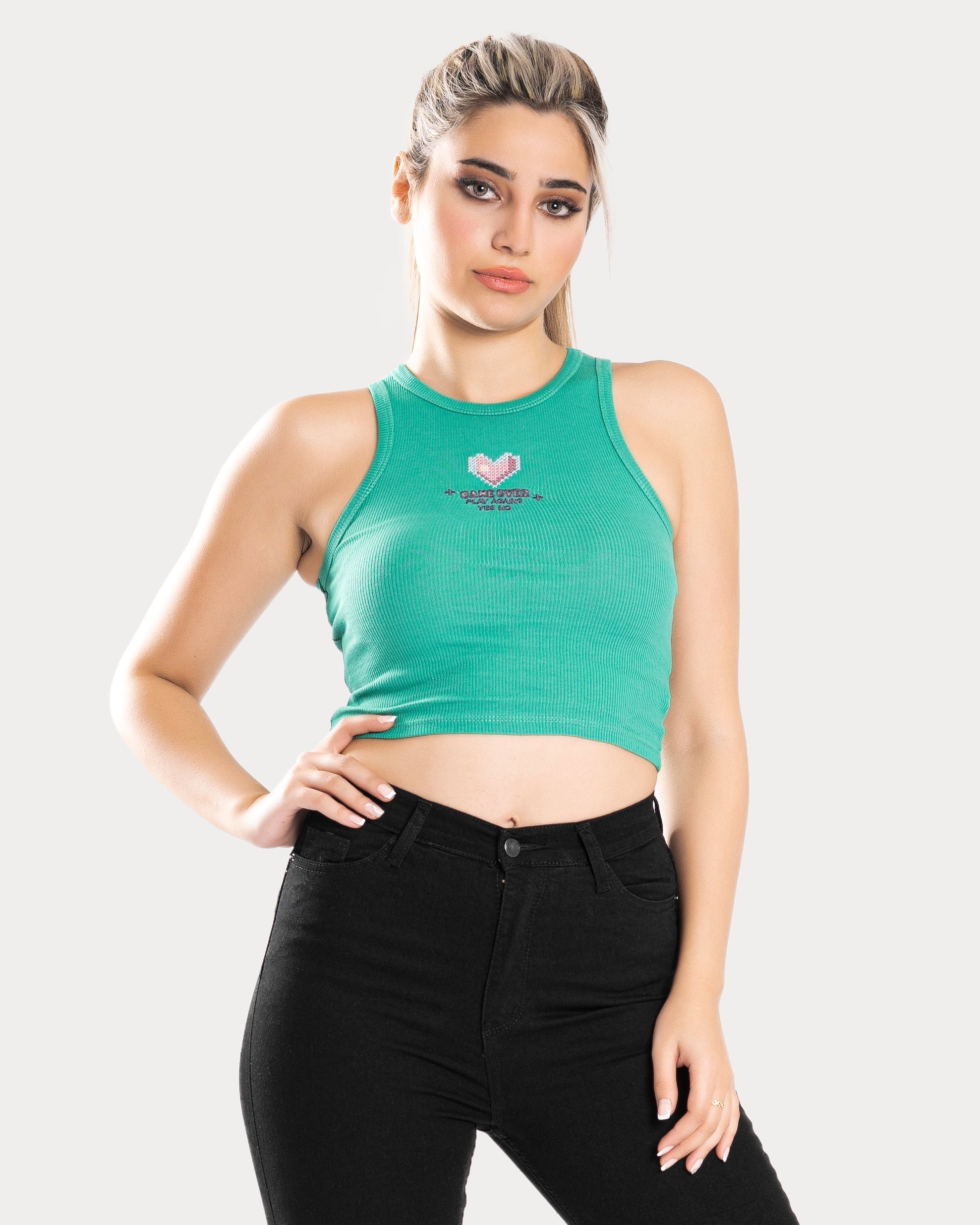 STYLE-Strong Green-Game Over Cropped Tank Top